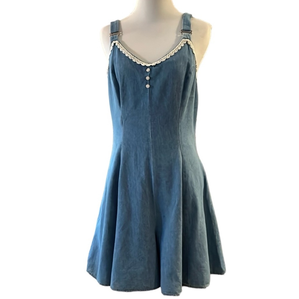 VINTAGE 90’S CHAMBRAY SHORTS ROMPER WITH SWEETHEART NECKLINE BLUE SIZE XS